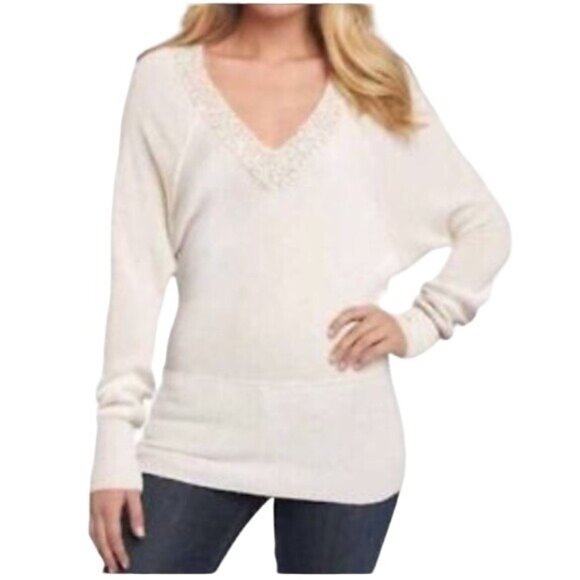 Vintage Free People Sequin V-Neck Cream Knit Sweater | Luxe Boho Soft Girl Y2K S - Picture 2 of 15